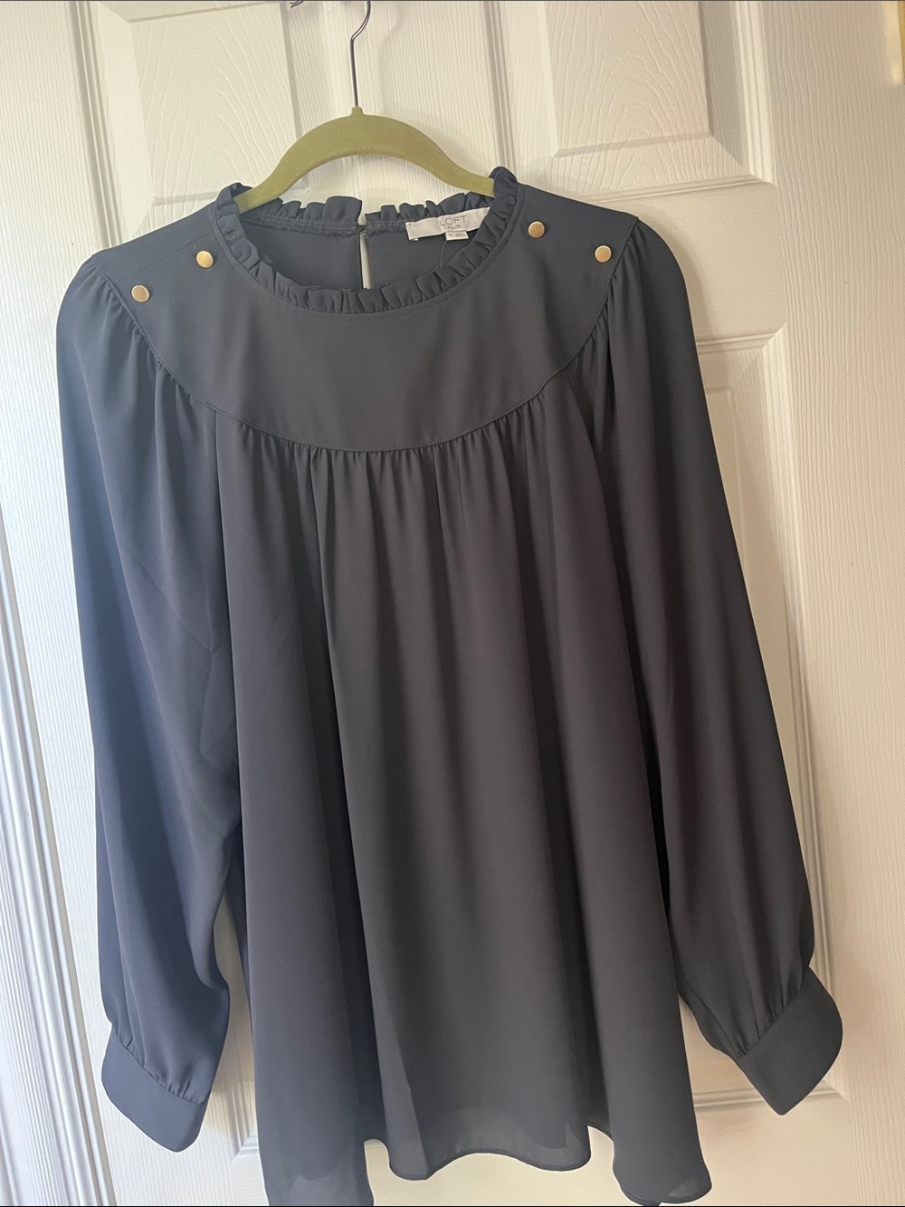LOFT Dark Gray Ruffled Yoke Long-Sleeve Blouse with Gold Buttons